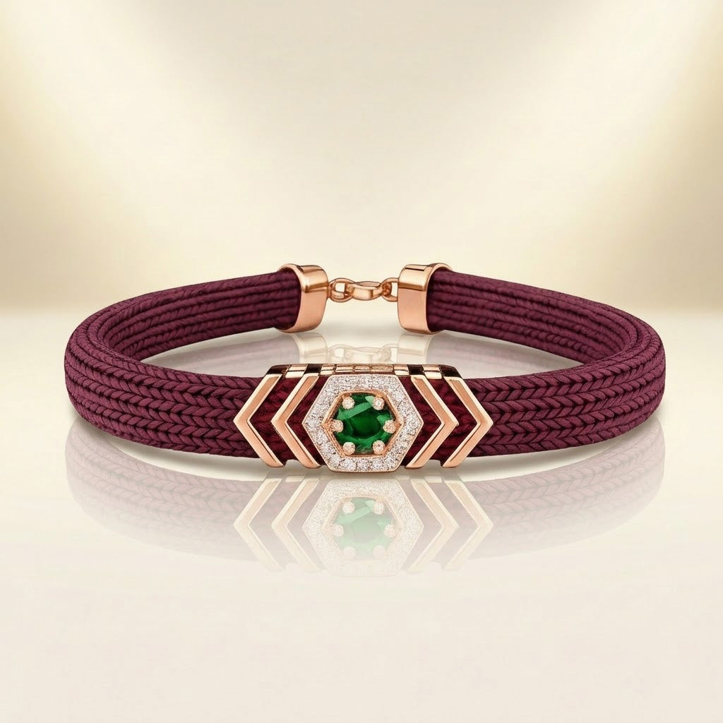 Regal Maroon Cord and Hexagonal Emerald Statement Bracelet