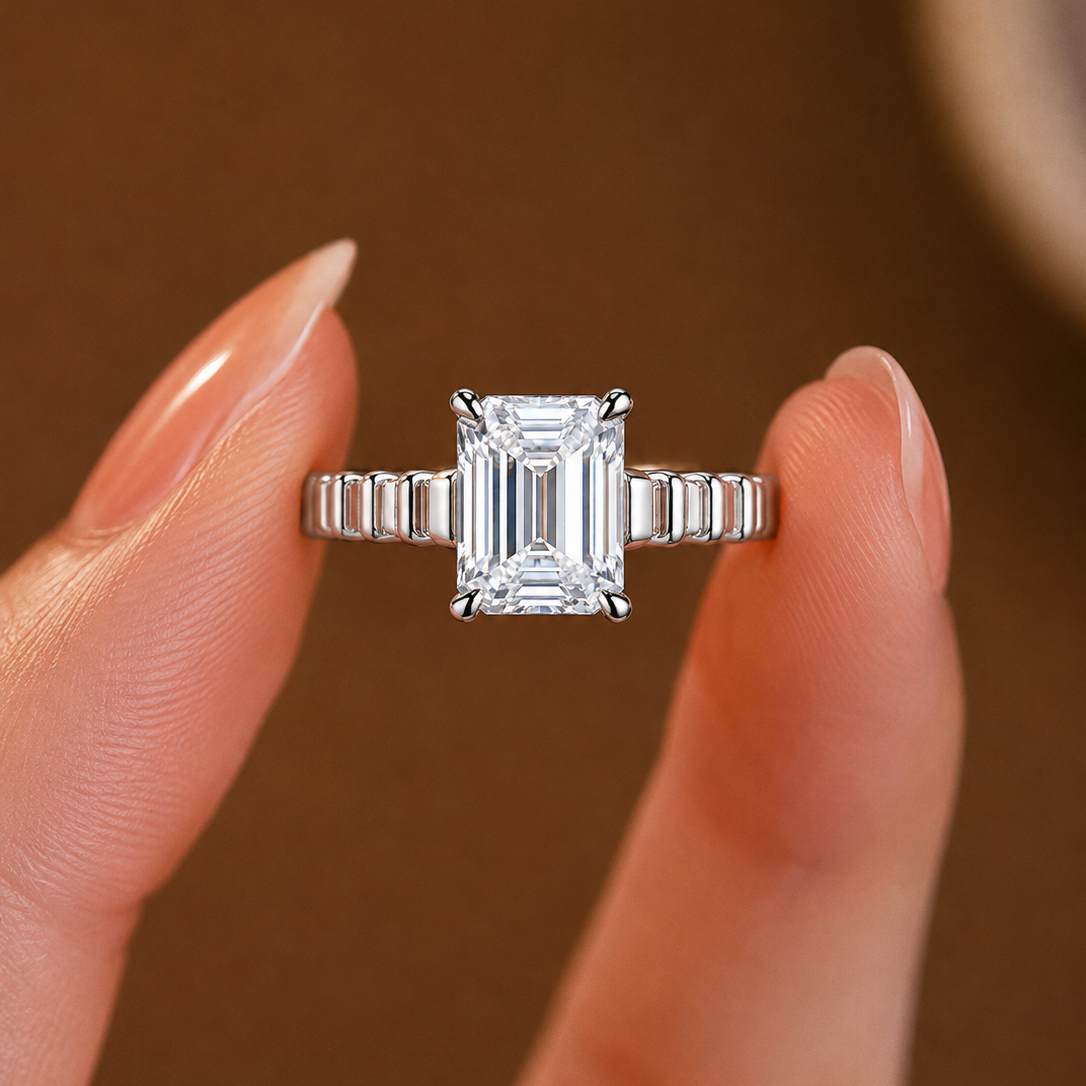 Architectural Ribbed Band Emerald-Cut Solitaire Ring