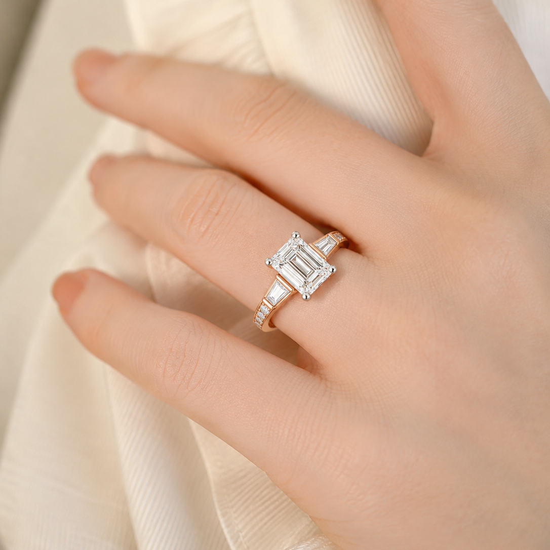 Classic Three-Stone Emerald and Baguette-Cut Ring