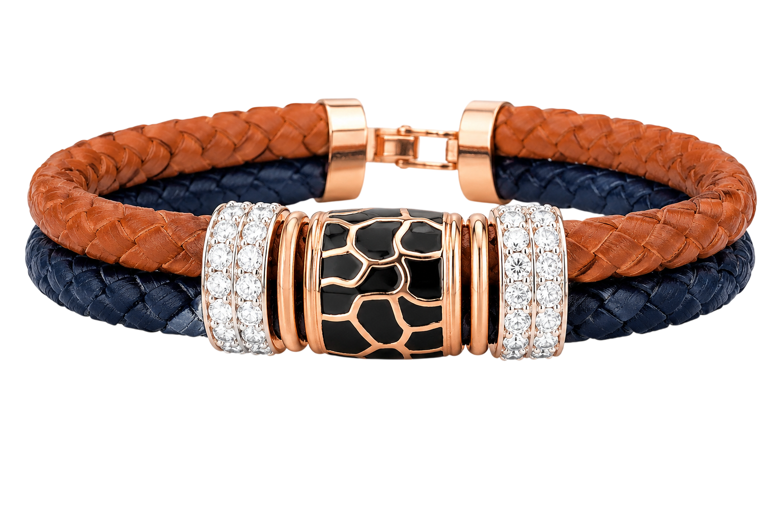 Dual-Tone Braided Leather and Enamel Statement Bracelet