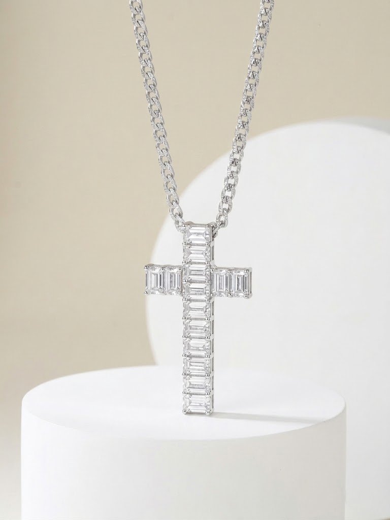 Baguette-Cut Diamond Cross Pendant
