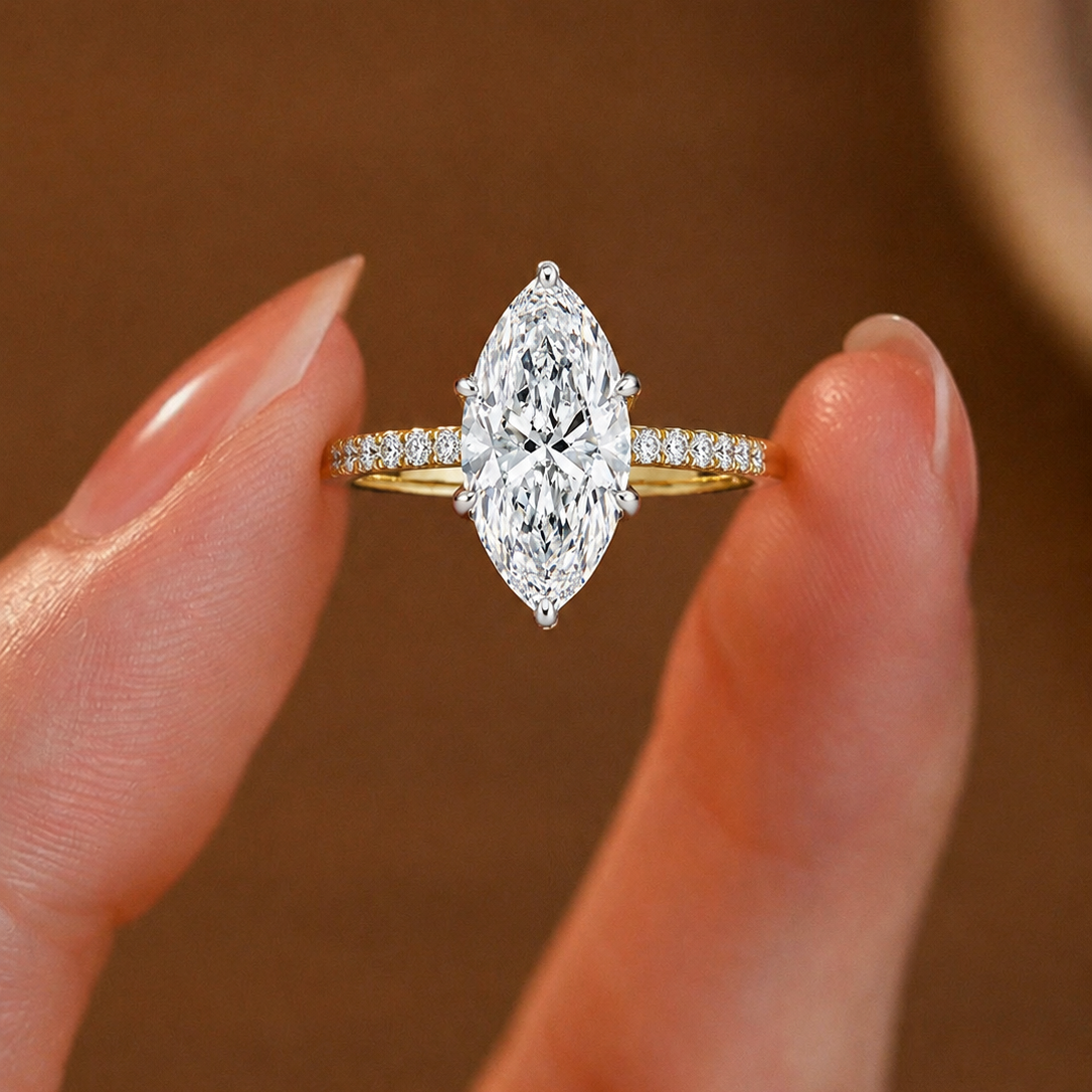 Solitaire Marquise-Cut Diamond Pave Engagement Ring