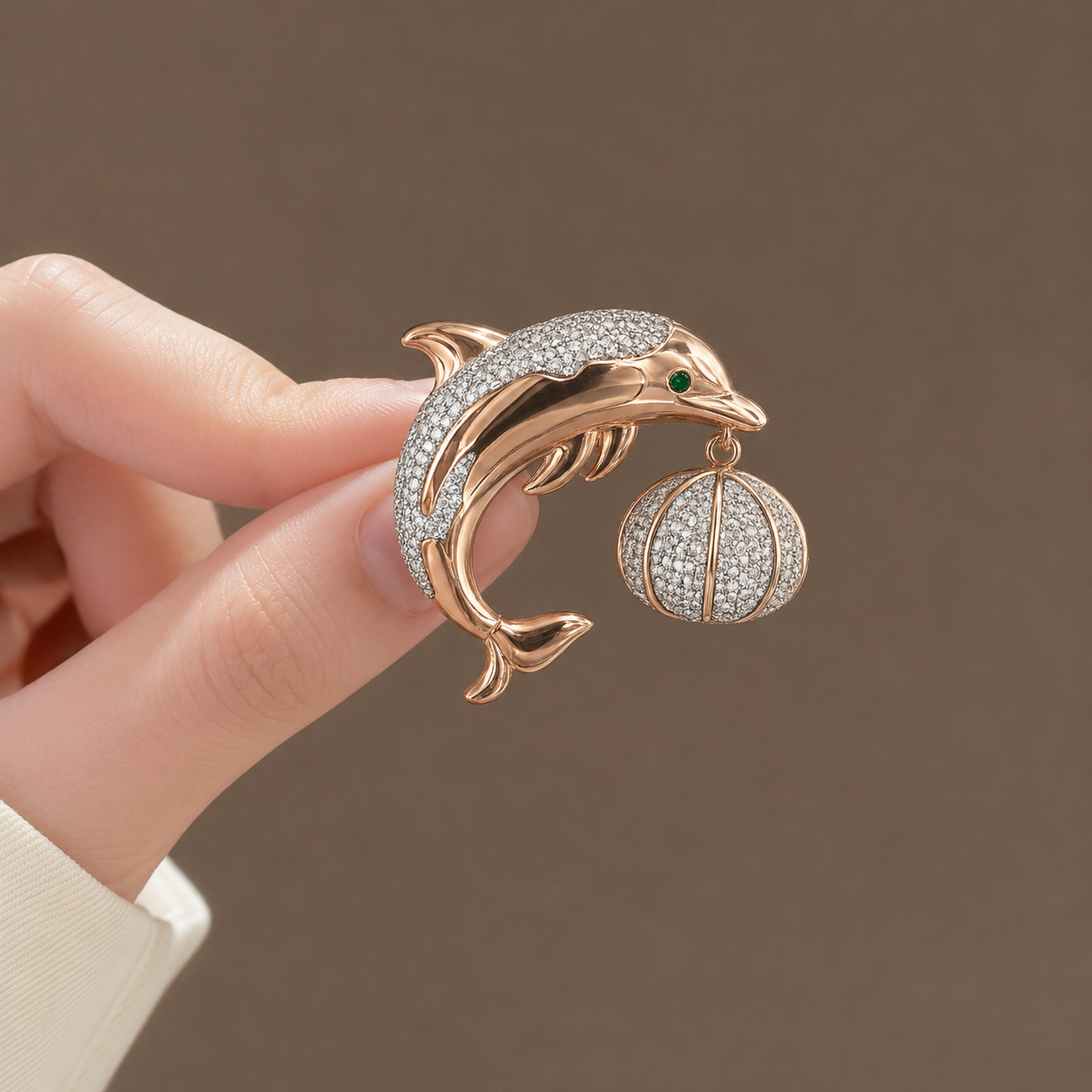 Whimsical Pave-Diamond and Rose Gold Dolphin Brooch