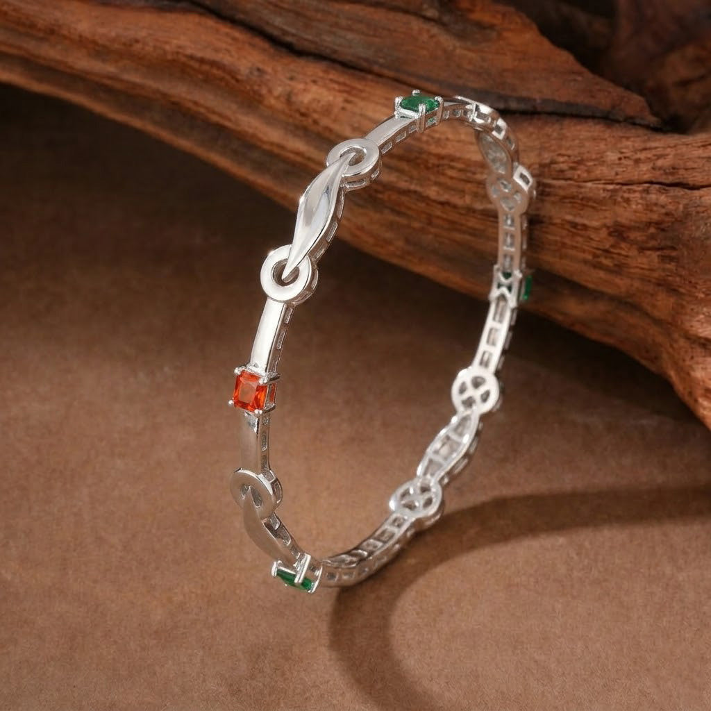 Vibrant Red Gem-Studded Silver-Toned Bangles