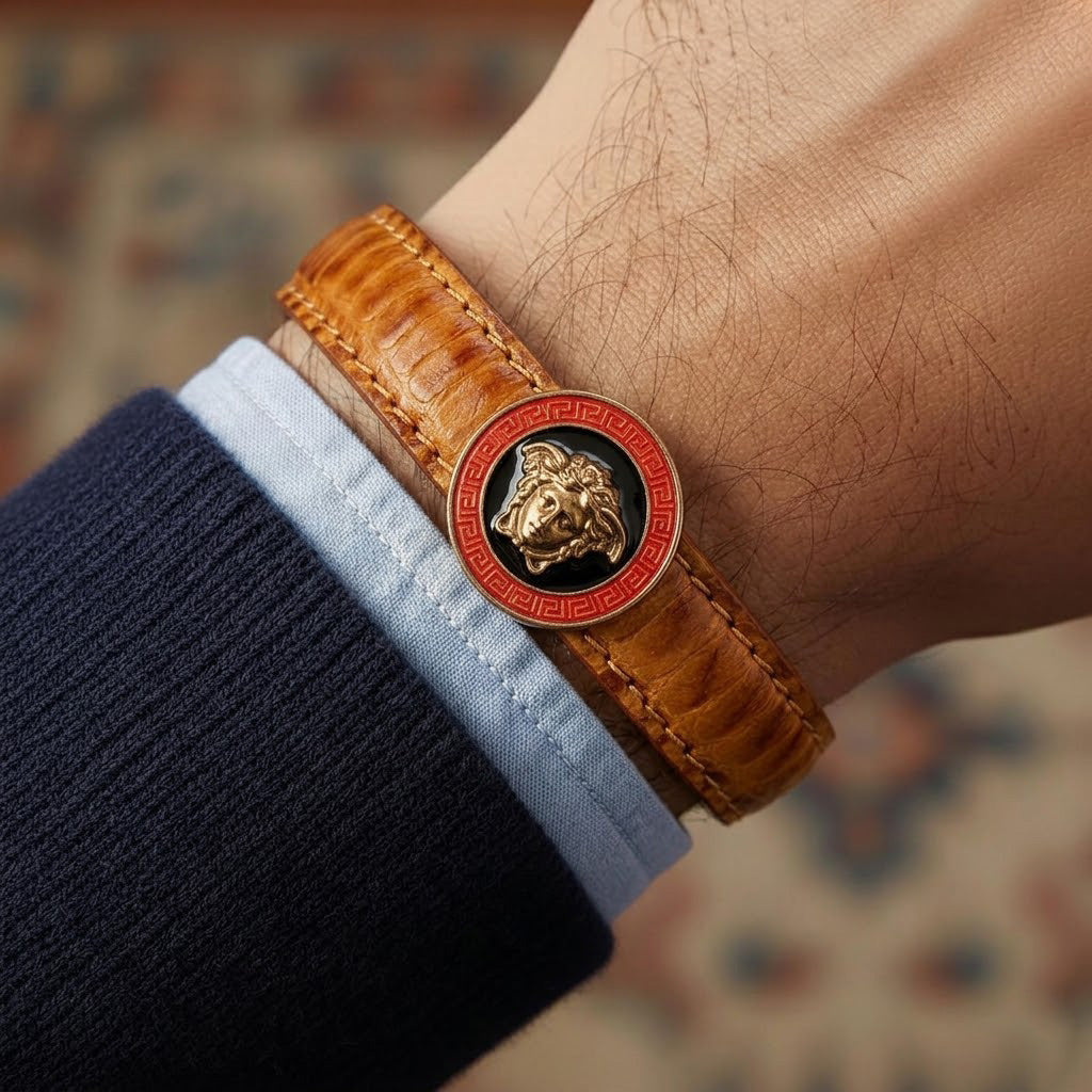 Refined Medusa-Emblem Leather Gents Bracelet