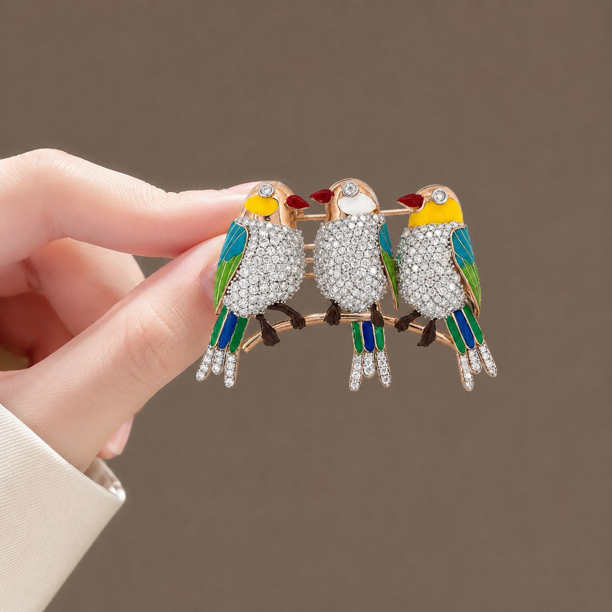 Trio of Vibrant Perched Songbirds Brooch