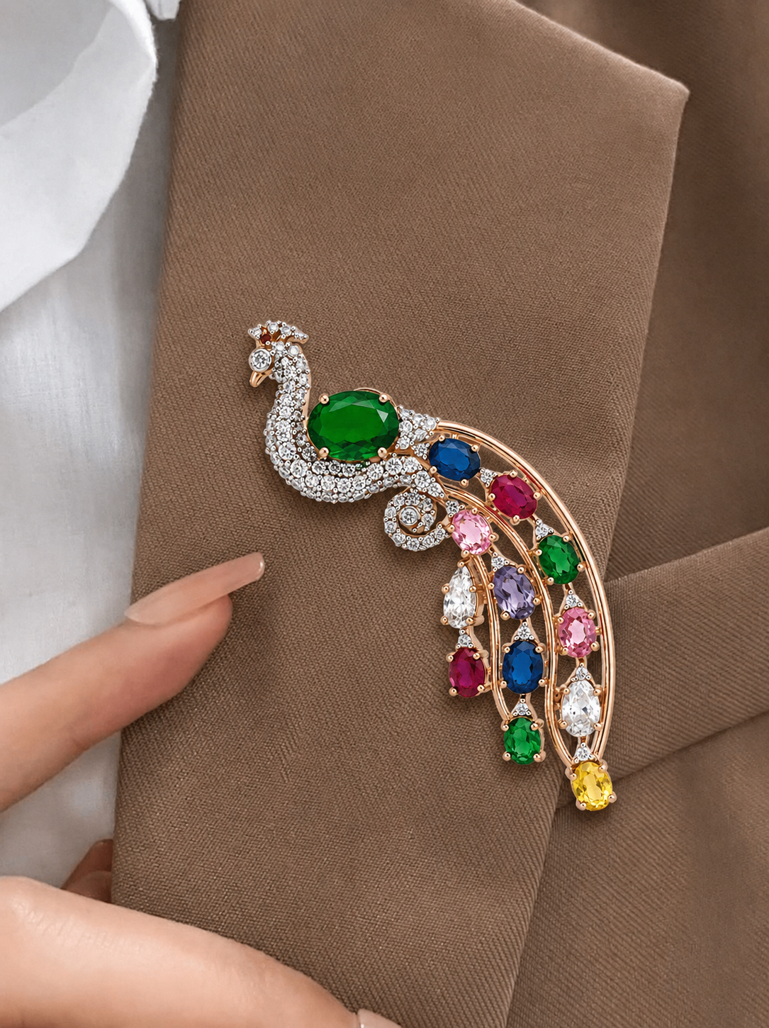 Majestic Multigemstone Peacock Brooch