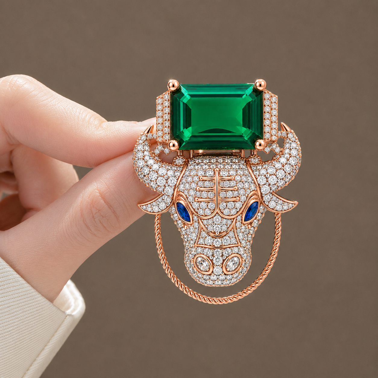 Regal Emerald & Diamond Taurus Bull Statement Brooch