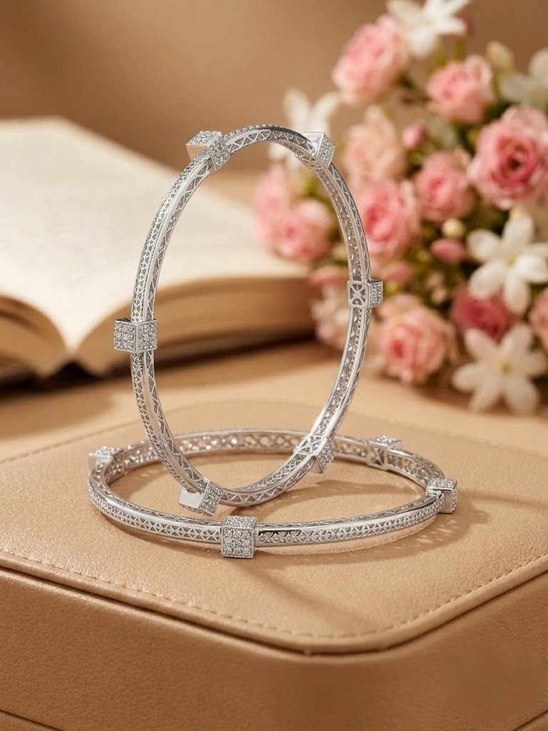 Radiant Geometric Silver-Toned Diamond-Accented Bangles