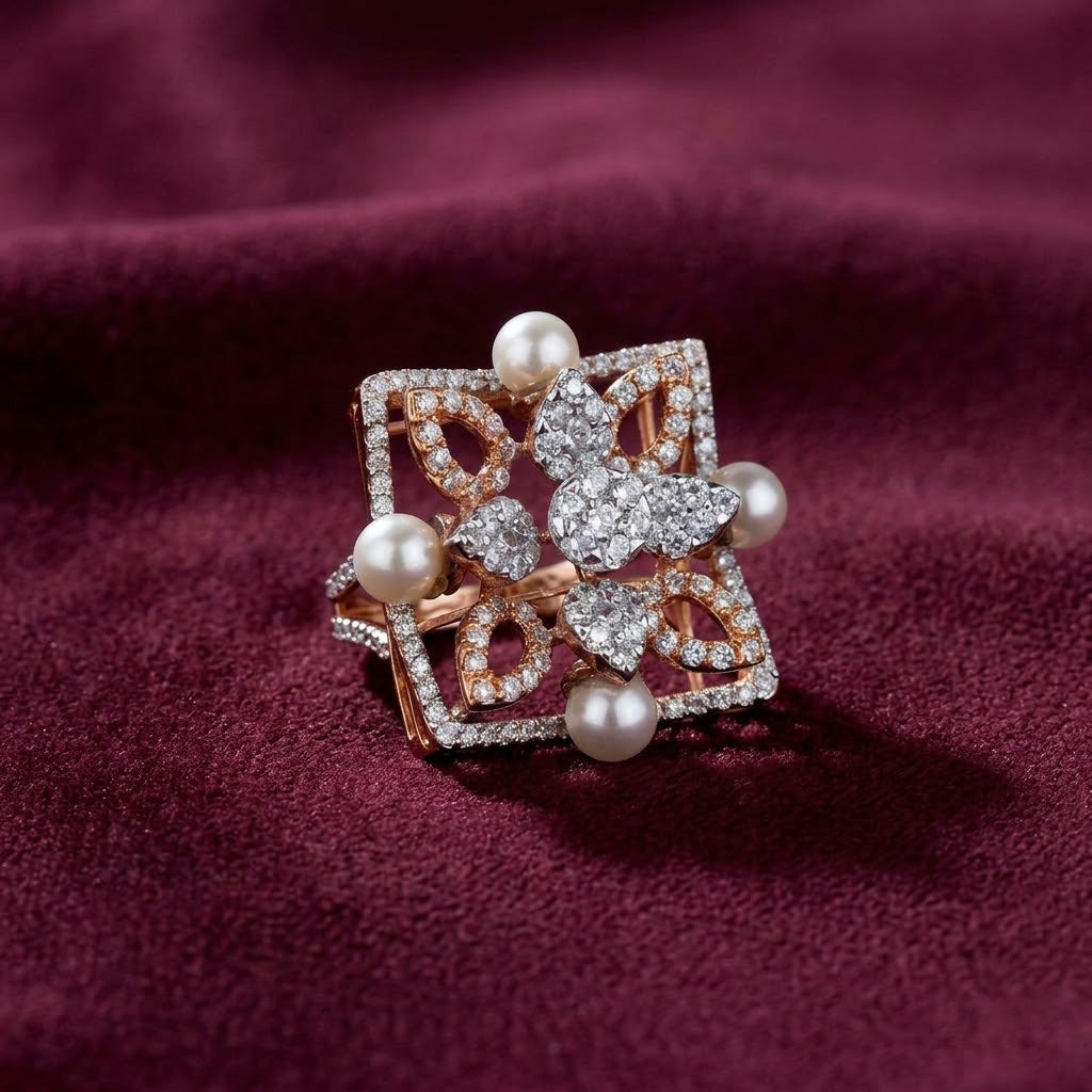 Regal Geometric Pearl & Diamond Statement Ring