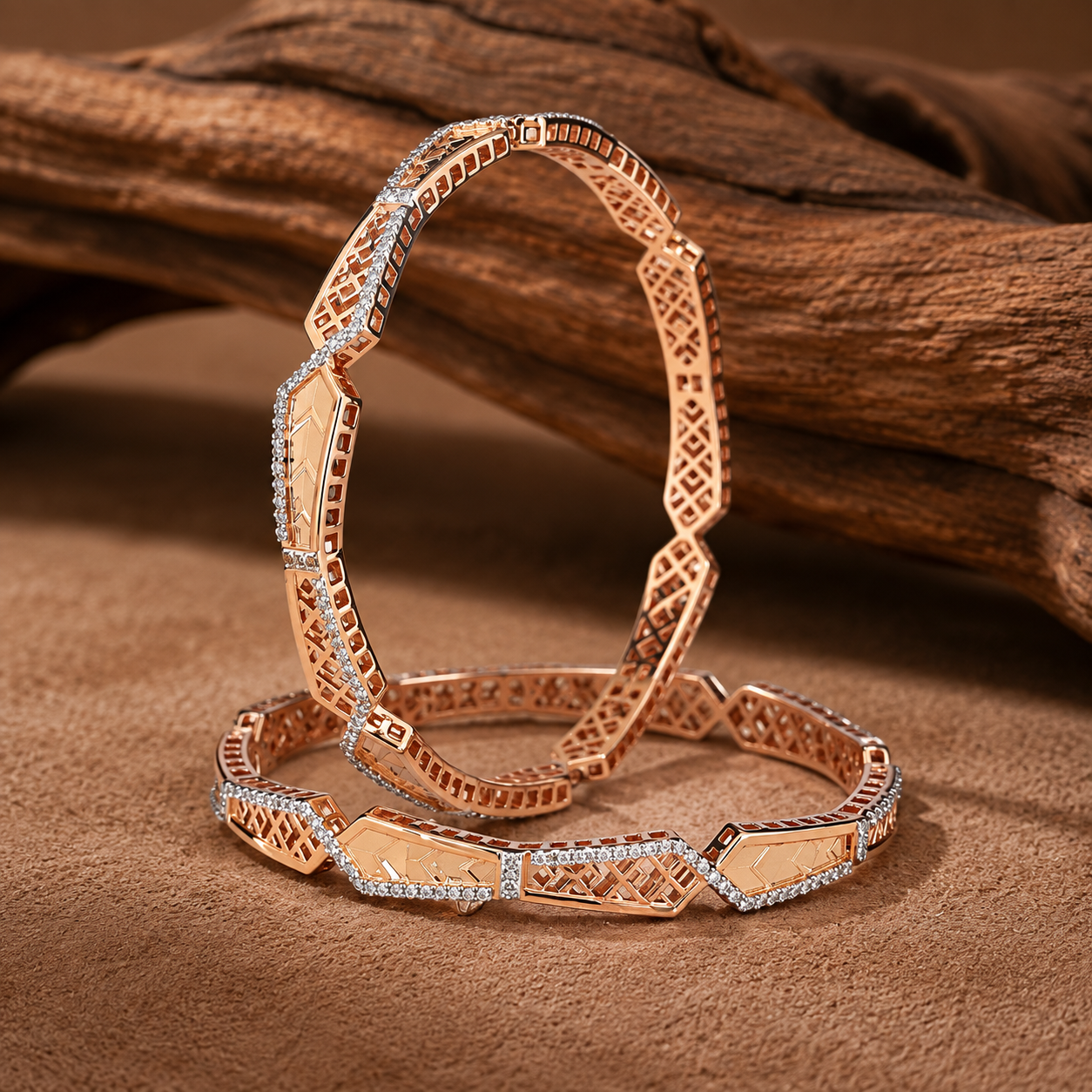 Modern Architectural Openwork Diamond-Accented Bangles