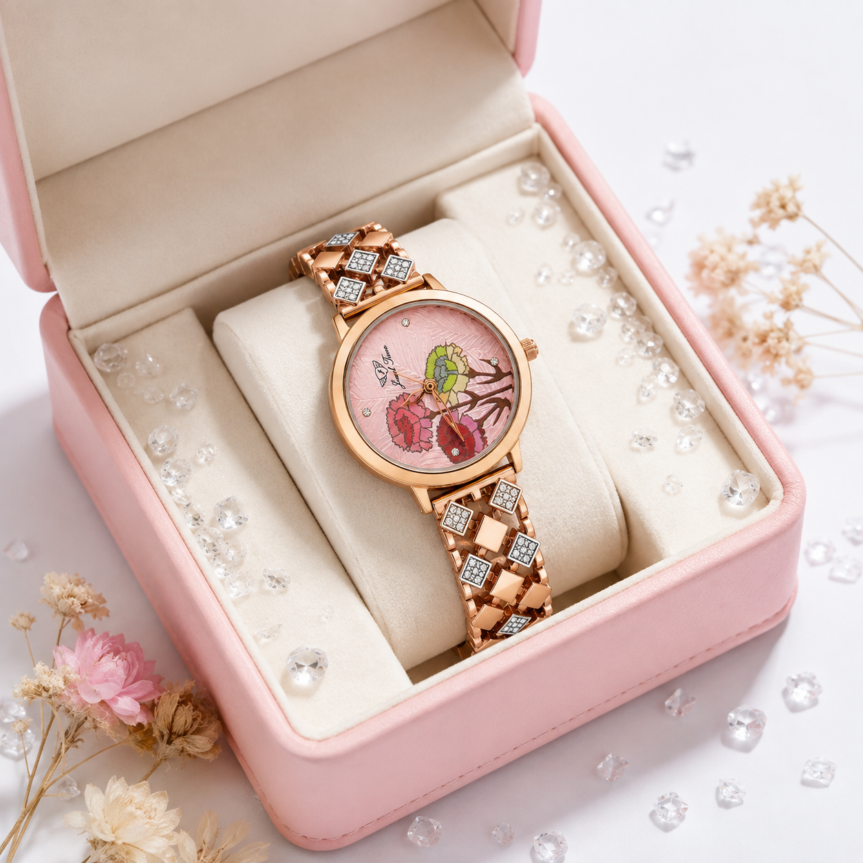 Jewel Time Artistic Floral Dial Diamond-Accent Ladies Wristwatch