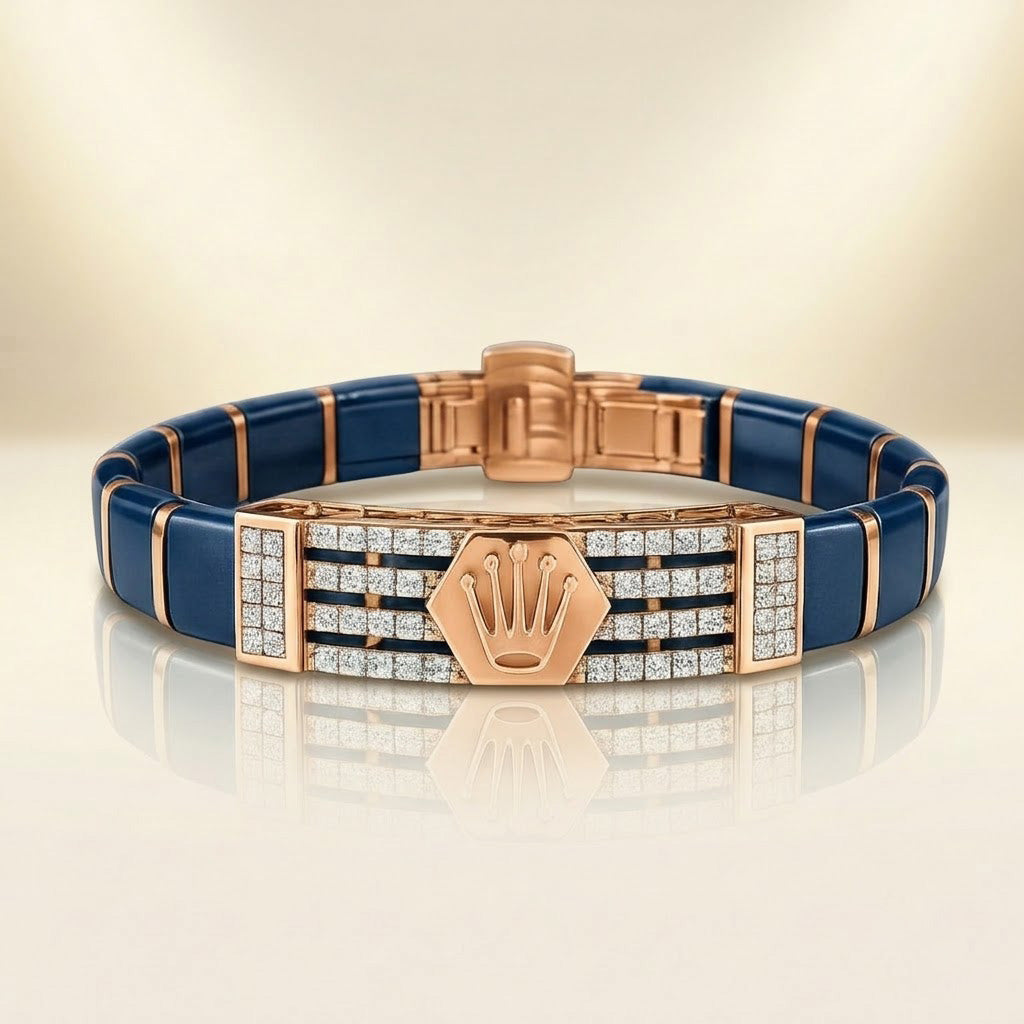 Iconic Crown-Emblem Blue & Rose Gold Ceramic Bracelet