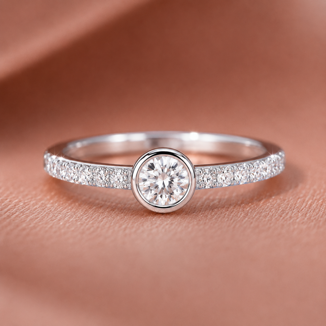 Dainty Bezel-Set Round Diamond Ring with Pavé Band