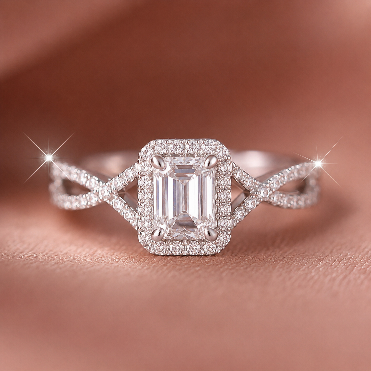 Elegant Emerald-Cut Halo Split-Shank Engagement Ring