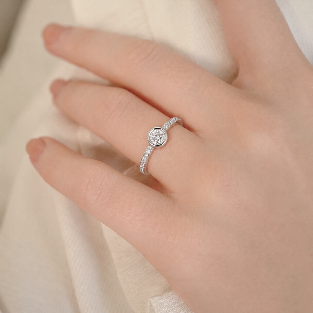 Dainty Bezel-Set Round Diamond Ring with Pavé Band