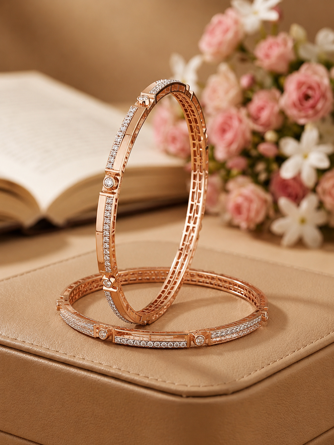 Radiant Diamond-Embellished Rose Gold Designer Bangles