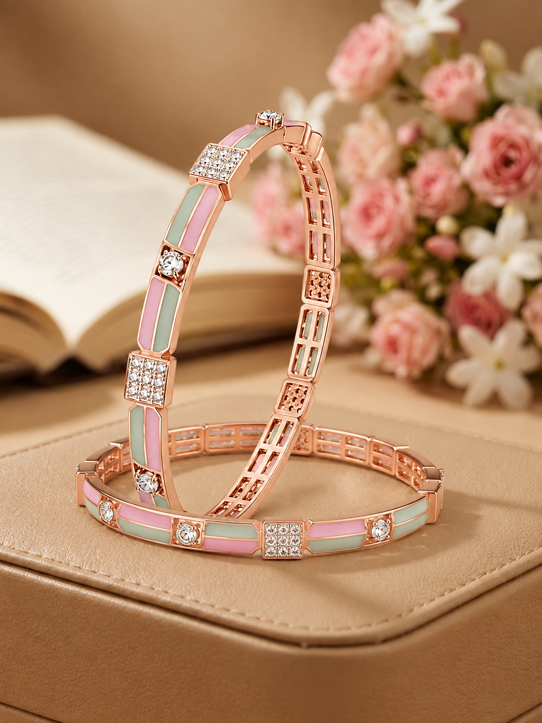 Pastel Enamel & Crystal Block Rose Gold Designer Bangles