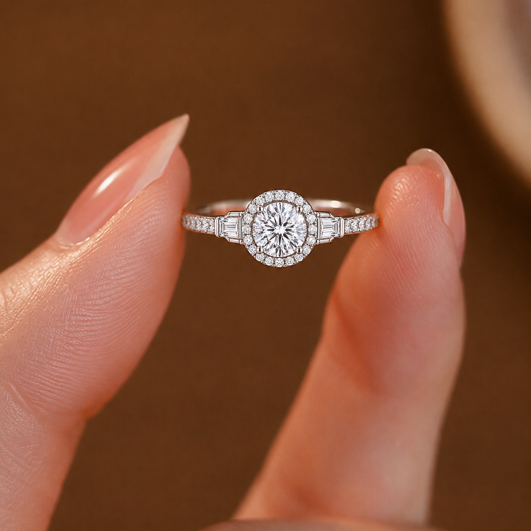 Grand Art Deco-Inspired Halo Engagement Ring with Baguette Accents