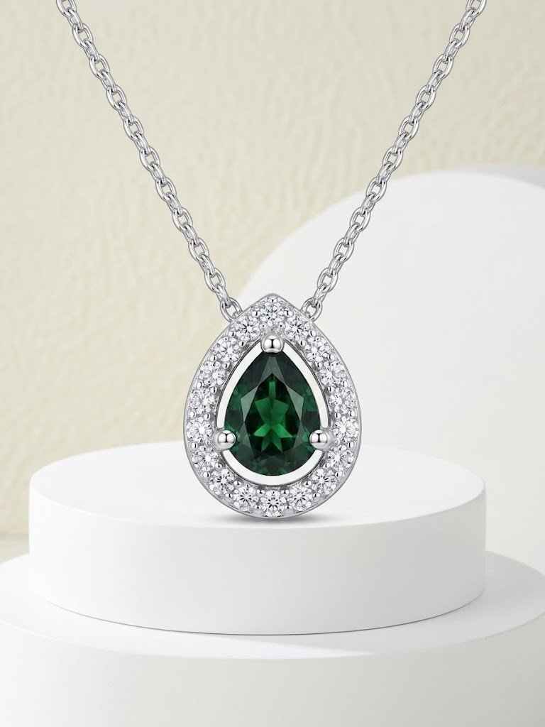 Regal Pear-Cut Emerald Halo Pendant Necklace