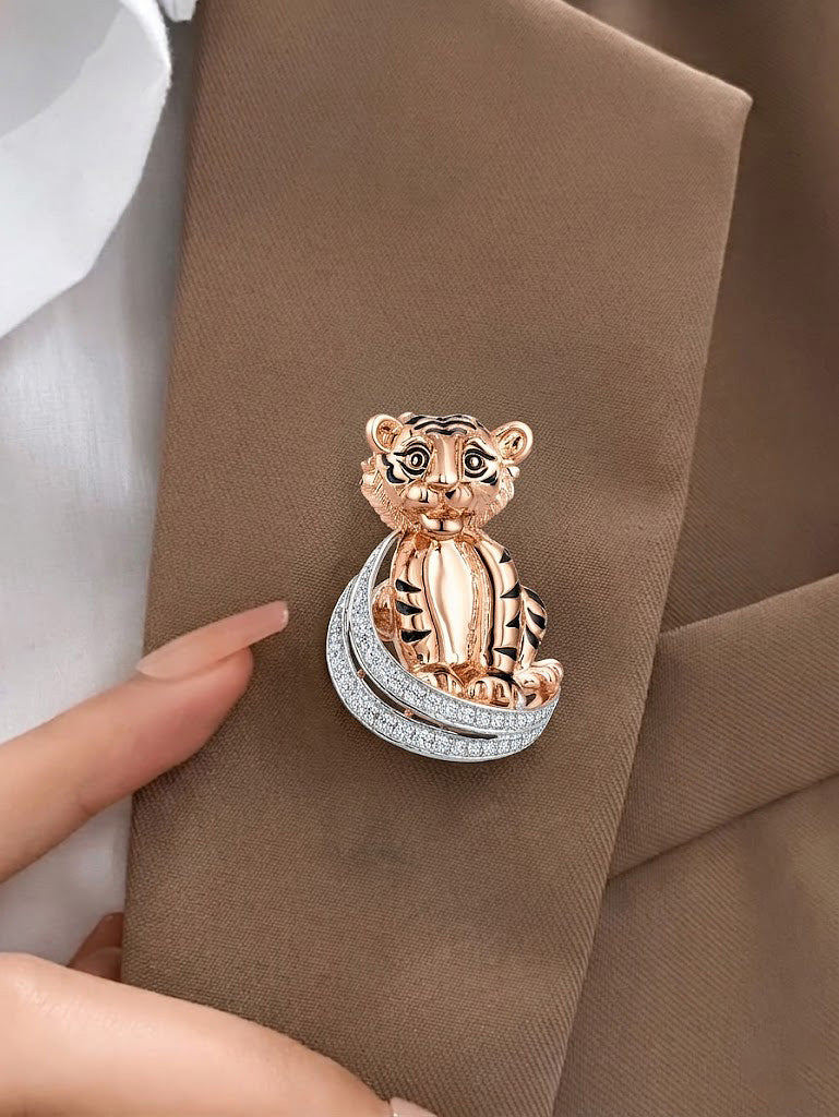 Whimsical Tiger Cub Crystal Brooch