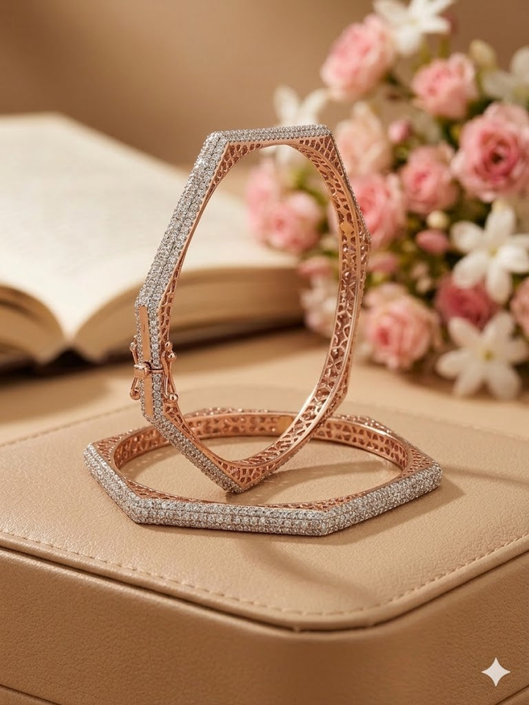 Geometric Hexagonal Pavé-Set Rose Gold Designer Bangles