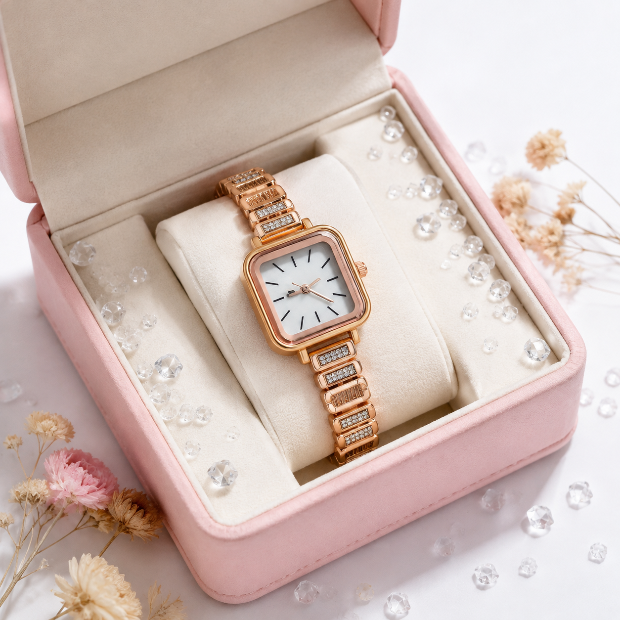 Modern Geometric Square-Case Crystal Ladies Wristwatch