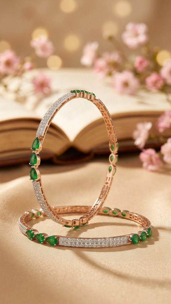 Emerald-Encrusted Dual-Tone Luxury Bangles