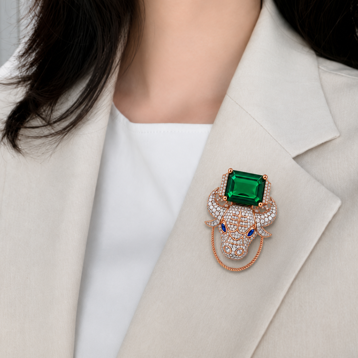 Regal Emerald & Diamond Taurus Bull Statement Brooch