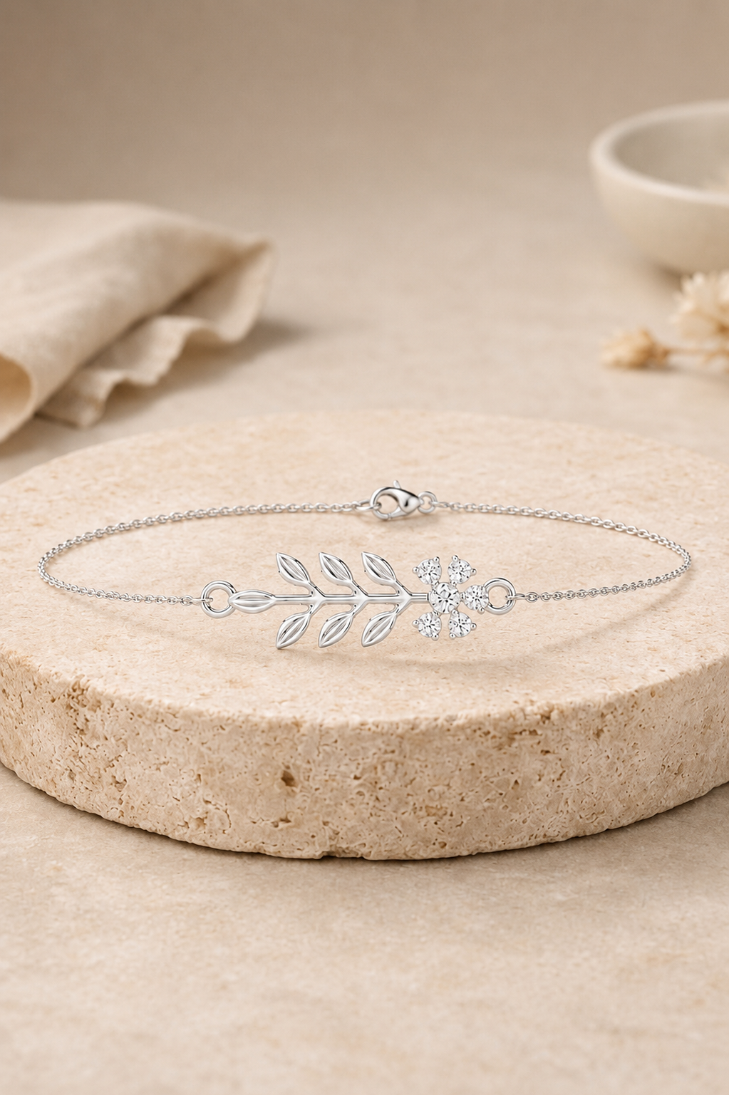 Ethereal Botanical Leaf and Blossom Silver Bracelet