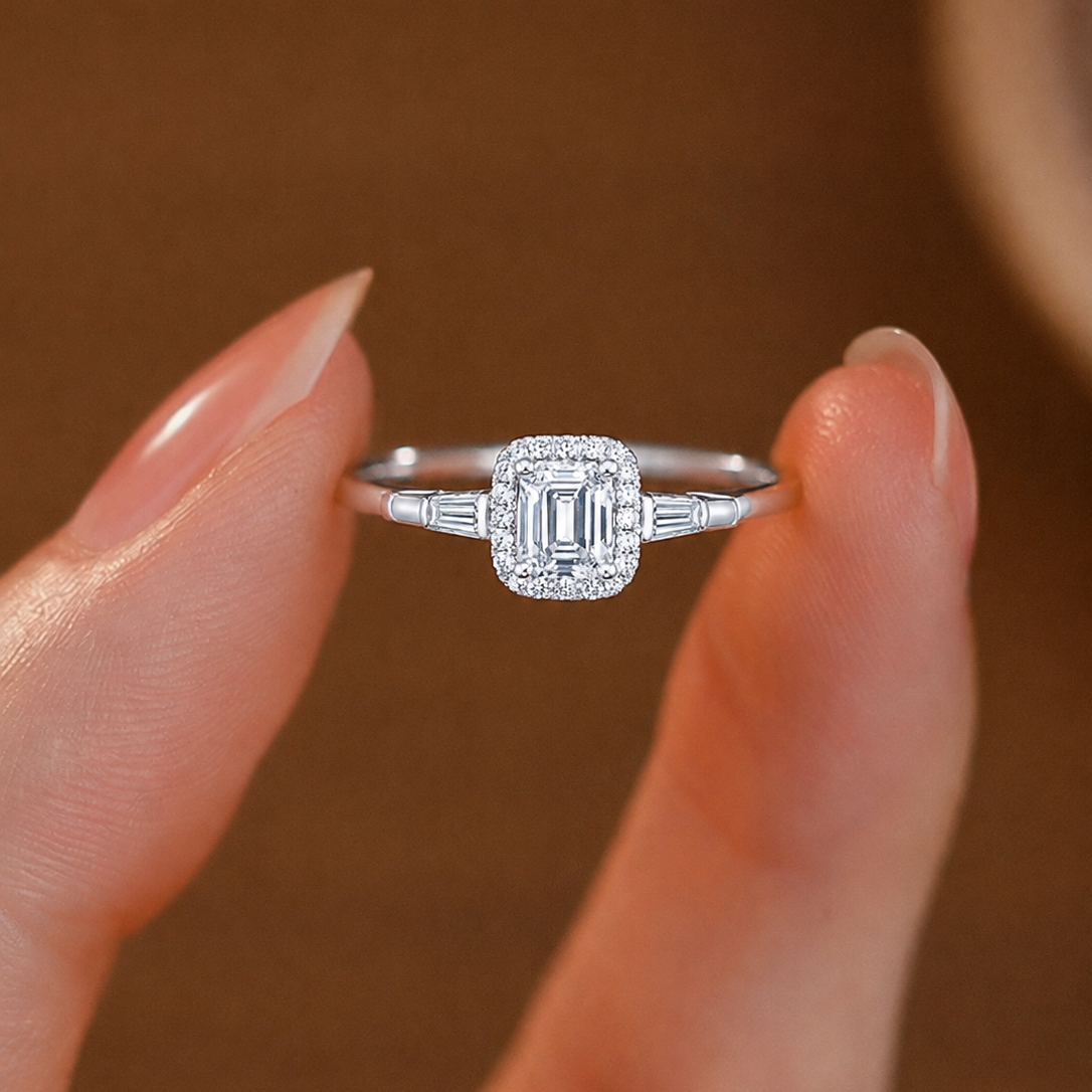 Regal Emerald-Cut Halo Ring with Baguette Side Stones
