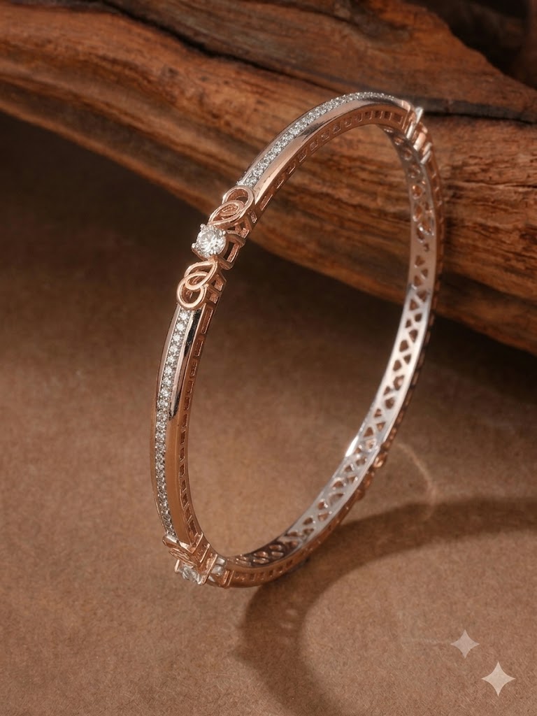 Solitaire Accent & Pavé Pave Rose Gold Designer Bangles