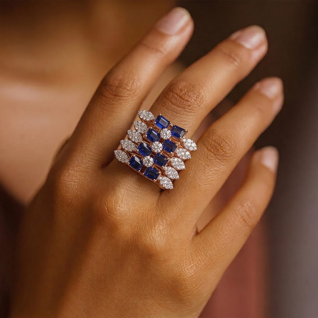 Royal Sapphire & Diamond Lattice Statement Ring