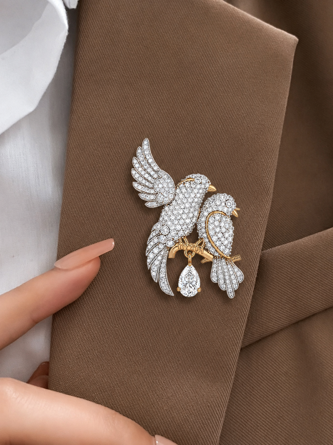 Enchanting Lovebirds Pavé Diamond and Rose Gold Brooch