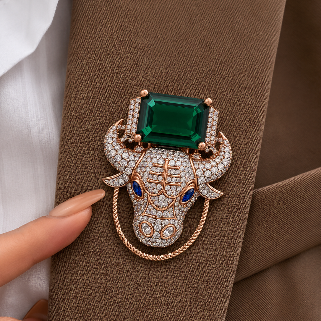 Regal Emerald & Diamond Taurus Bull Statement Brooch