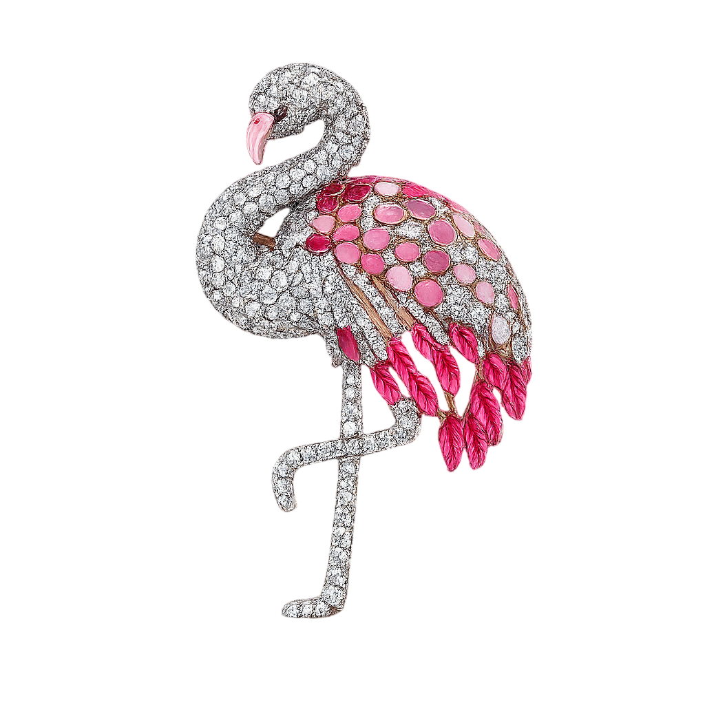 Elegant Pave-Diamond and Pink Sapphire Flamingo Brooch