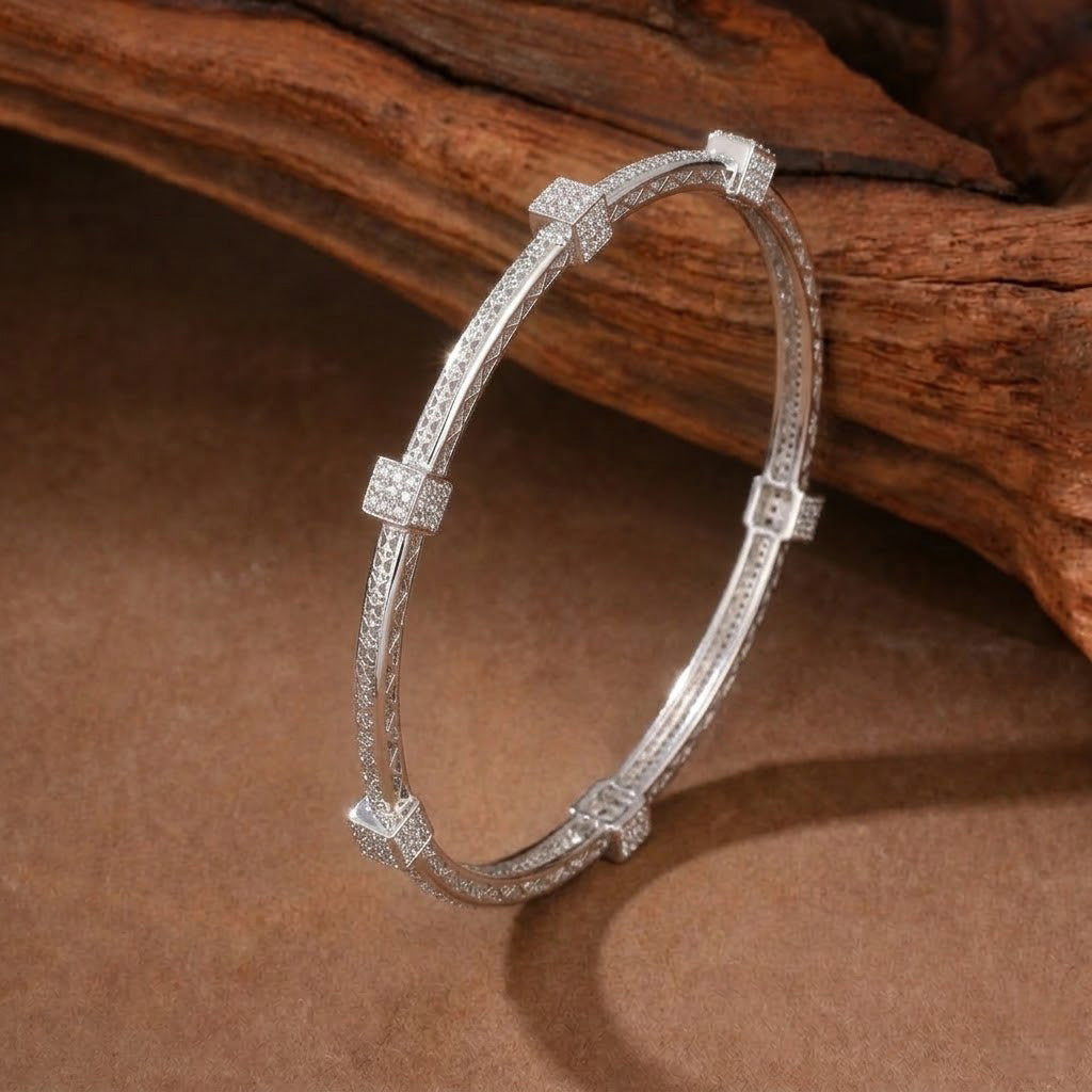 Radiant Geometric Silver-Toned Diamond-Accented Bangles