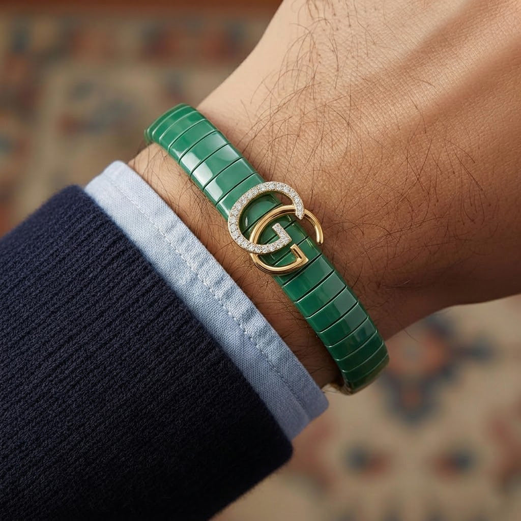 Luxury Emerald-Green Segmented Double-G Gents Bracelet