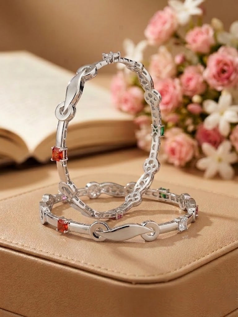 Vibrant Red Gem-Studded Silver-Toned Bangles