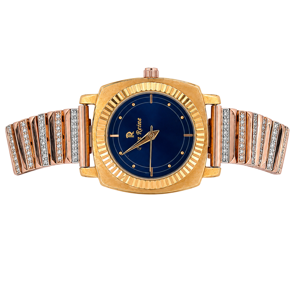 Piere Reine Deep Blue Dial Fluted Bezel Crystal Ladies Wristwatch