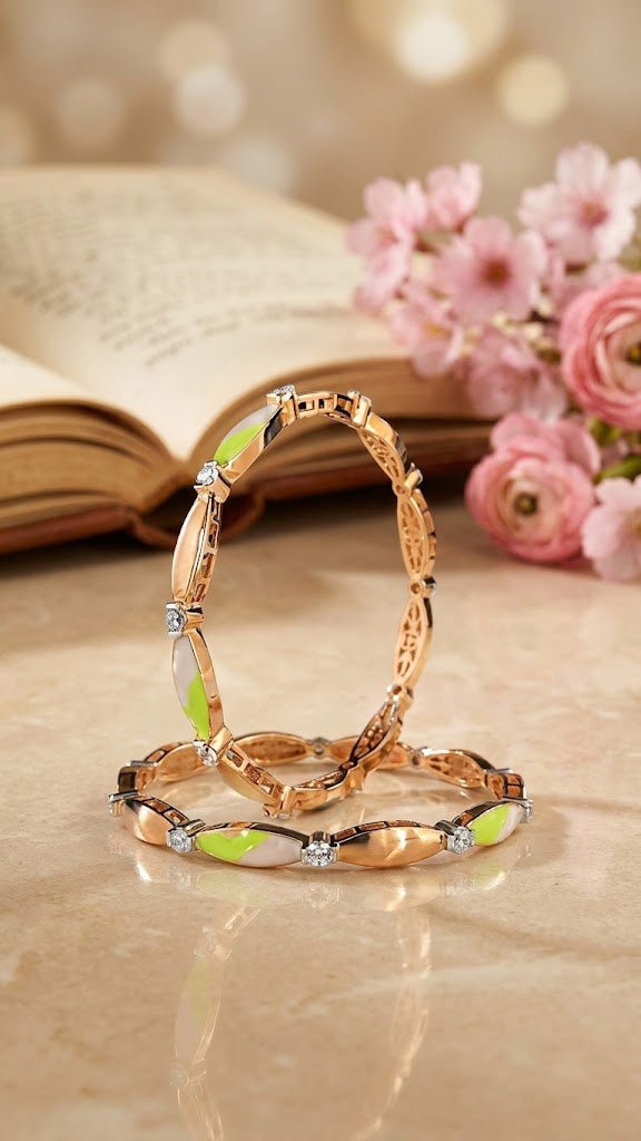 Chic Pastel Enamel & Stone-Studded Rose Gold Bangles