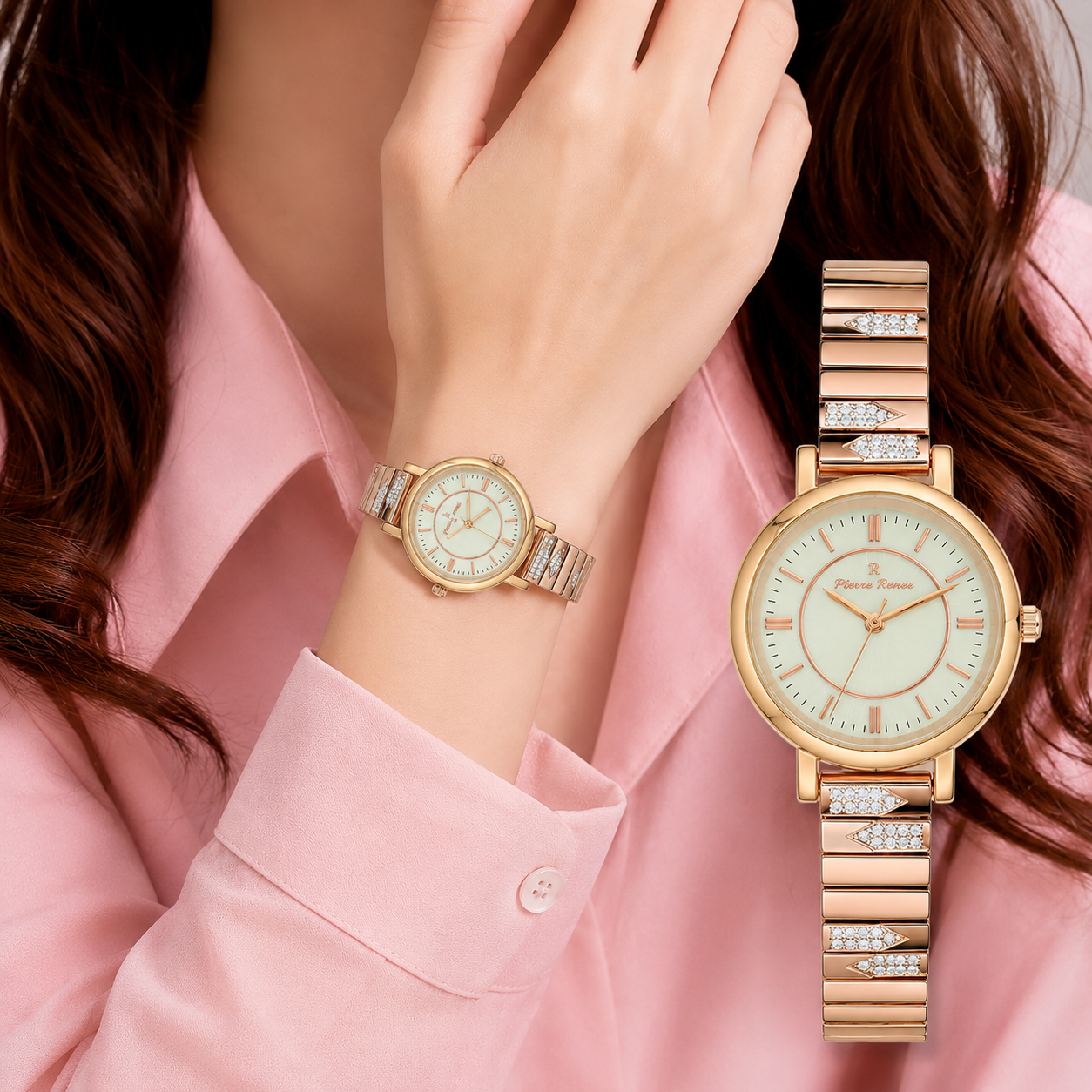 Piere Rene Elegant Rose Gold & Crystal Ladies Wristwatch