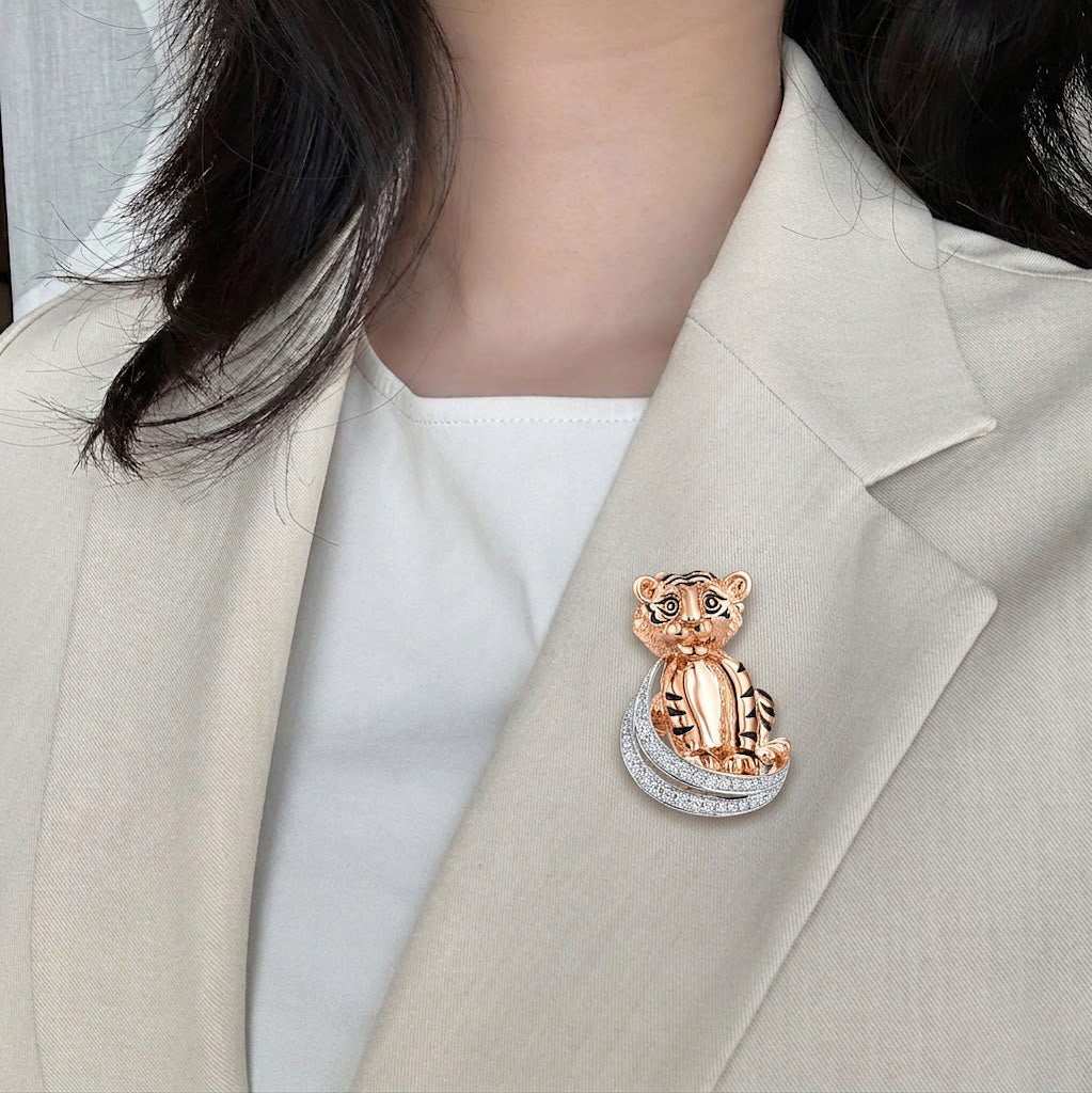Whimsical Tiger Cub Crystal Brooch