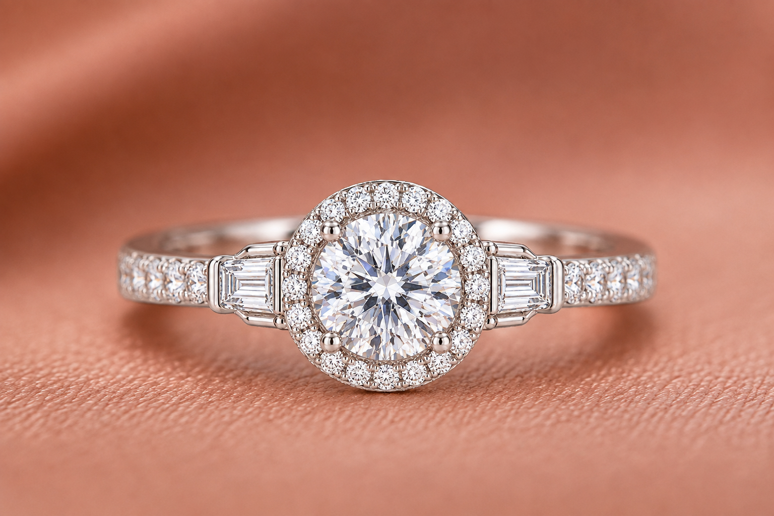 Grand Art Deco-Inspired Halo Engagement Ring with Baguette Accents