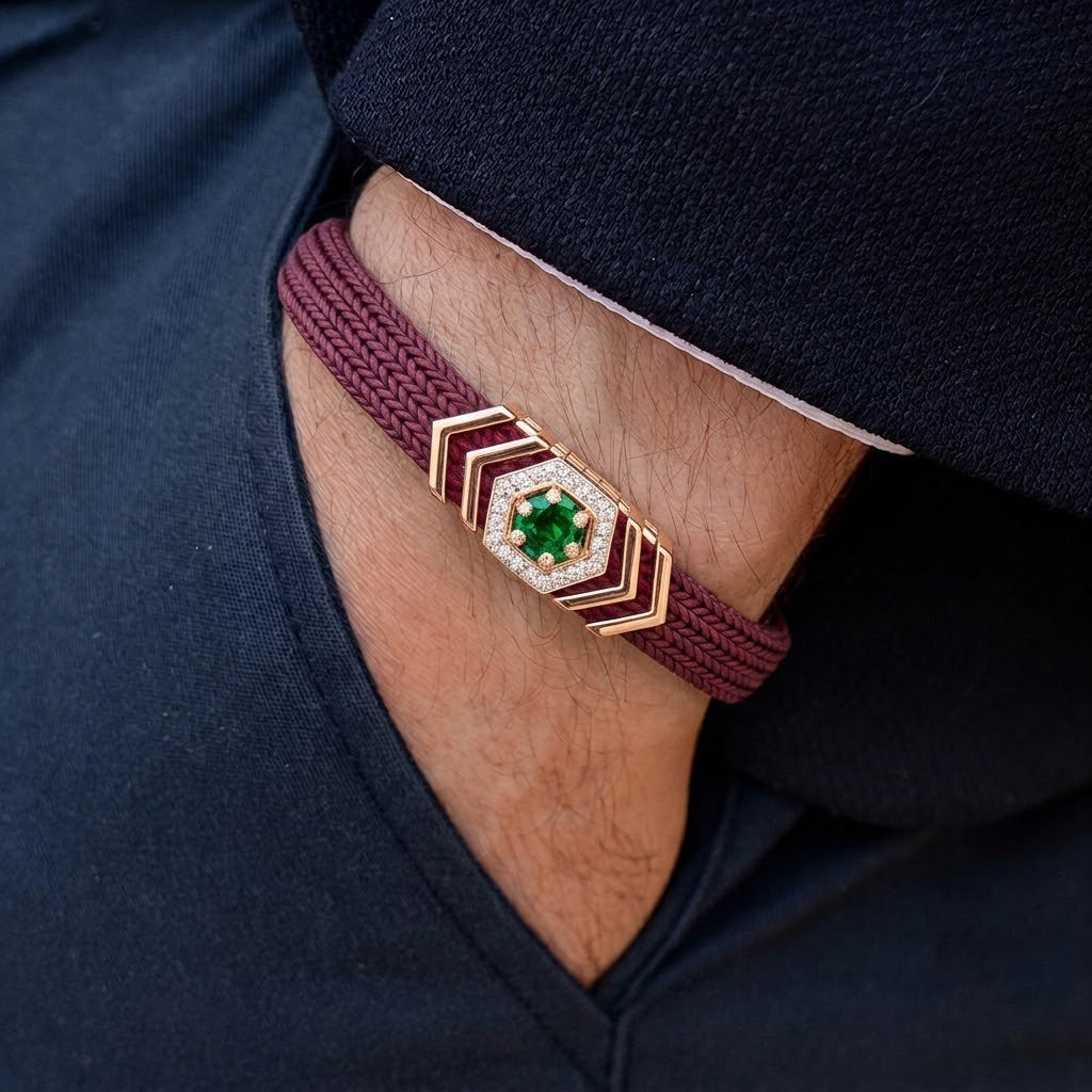 Regal Maroon Cord and Hexagonal Emerald Statement Bracelet