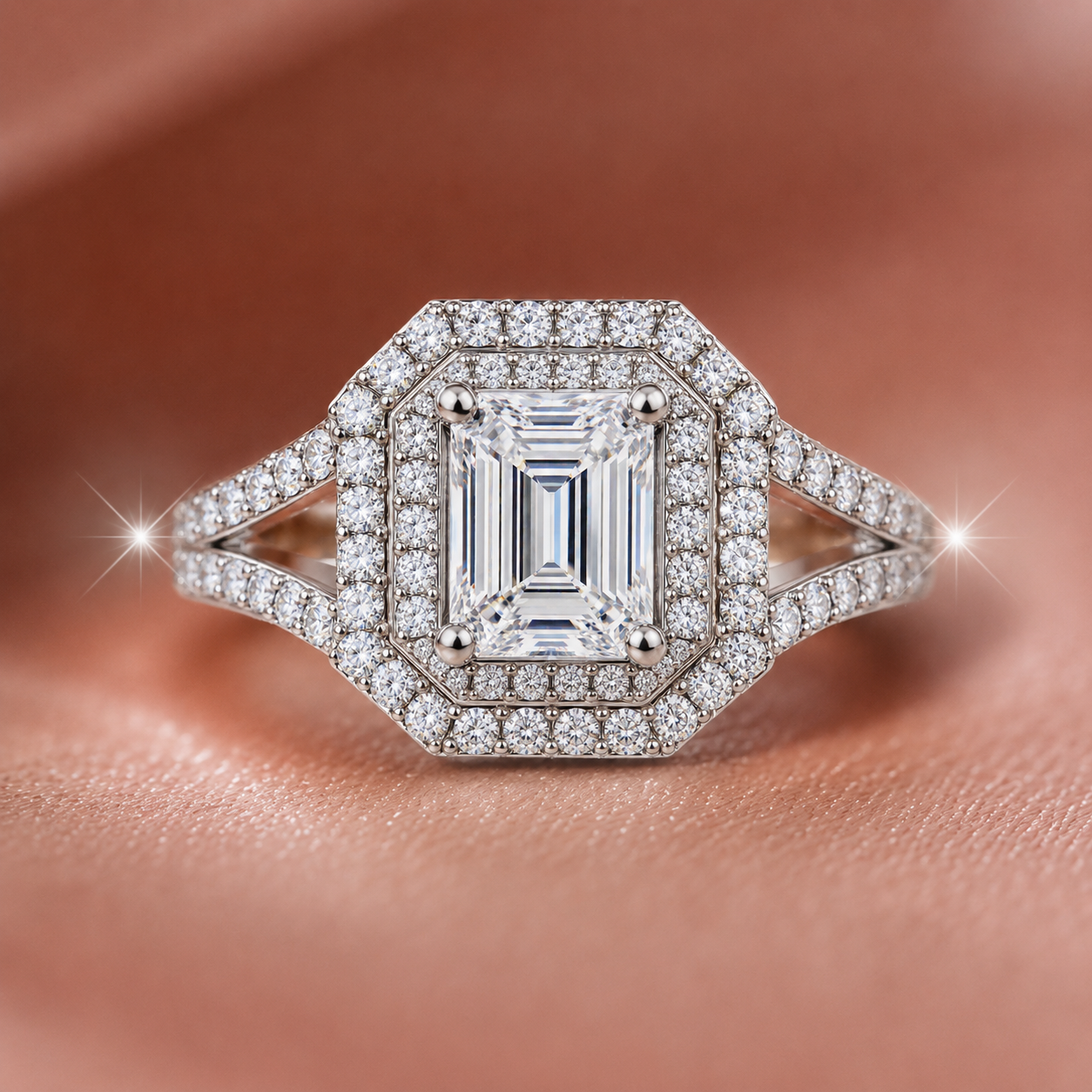 Opulent Double-Halo Emerald-Cut Split-Shank Ring