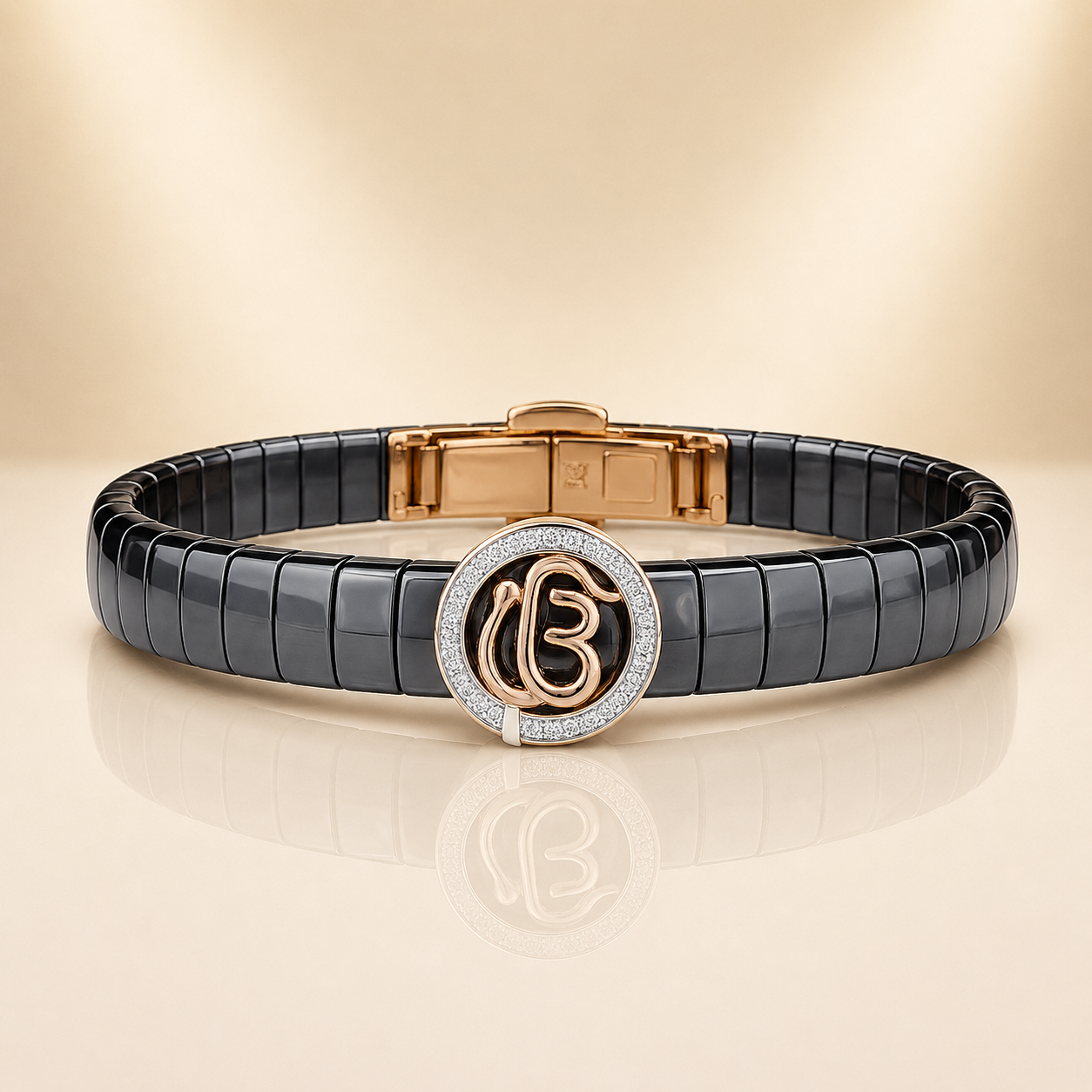 Elegant 'Ik Onkar' Ceramic & Rose Gold Statement Bracelet