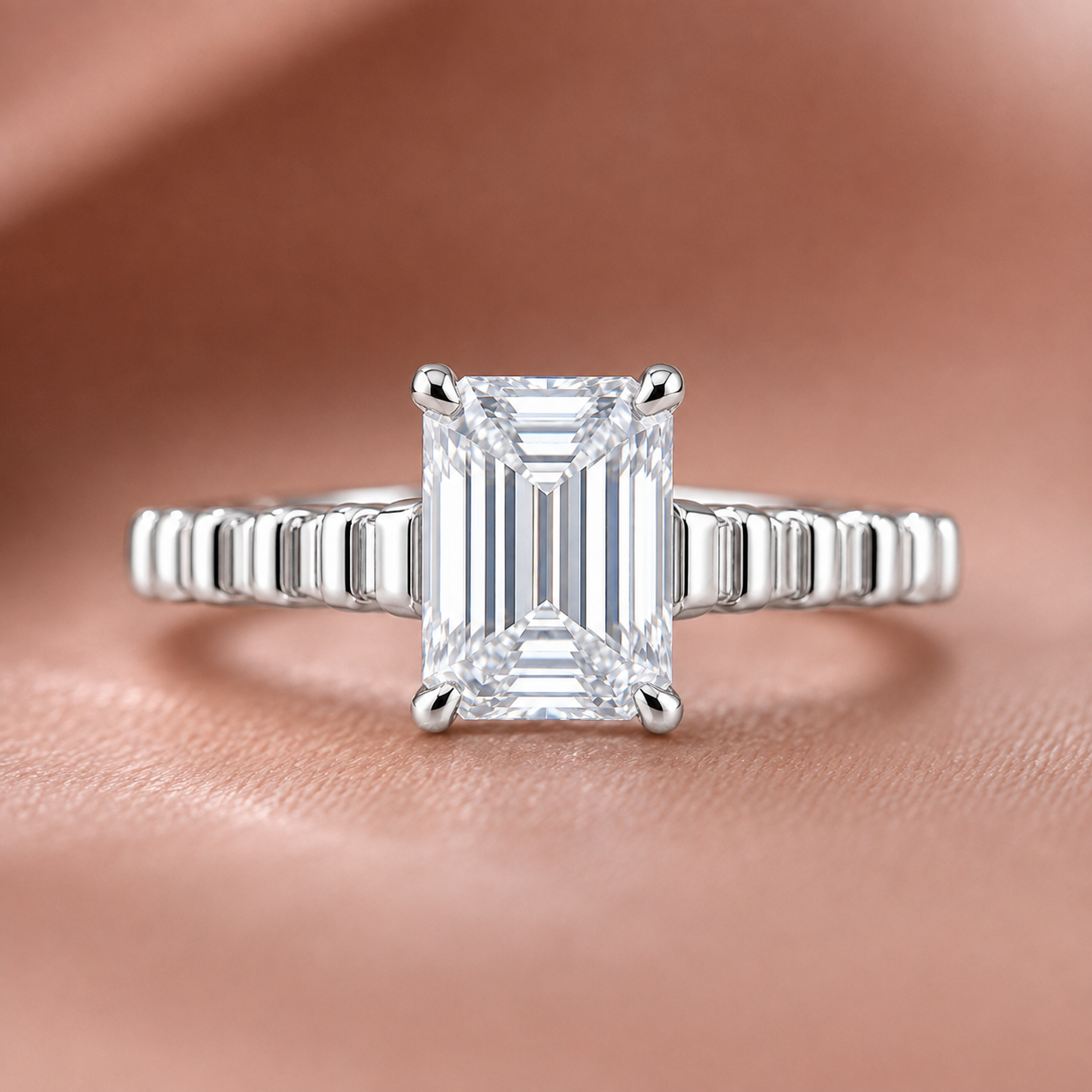 Architectural Ribbed Band Emerald-Cut Solitaire Ring