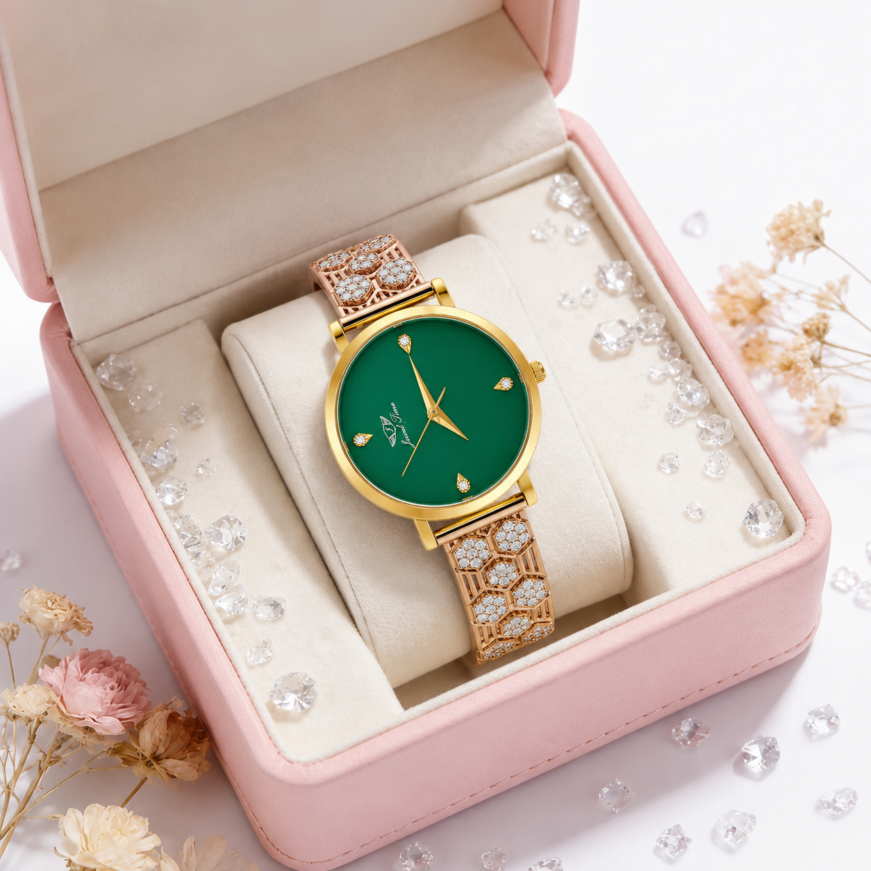 Emerald-Green Dial Minimalist Crystal Ladies Wristwatch
