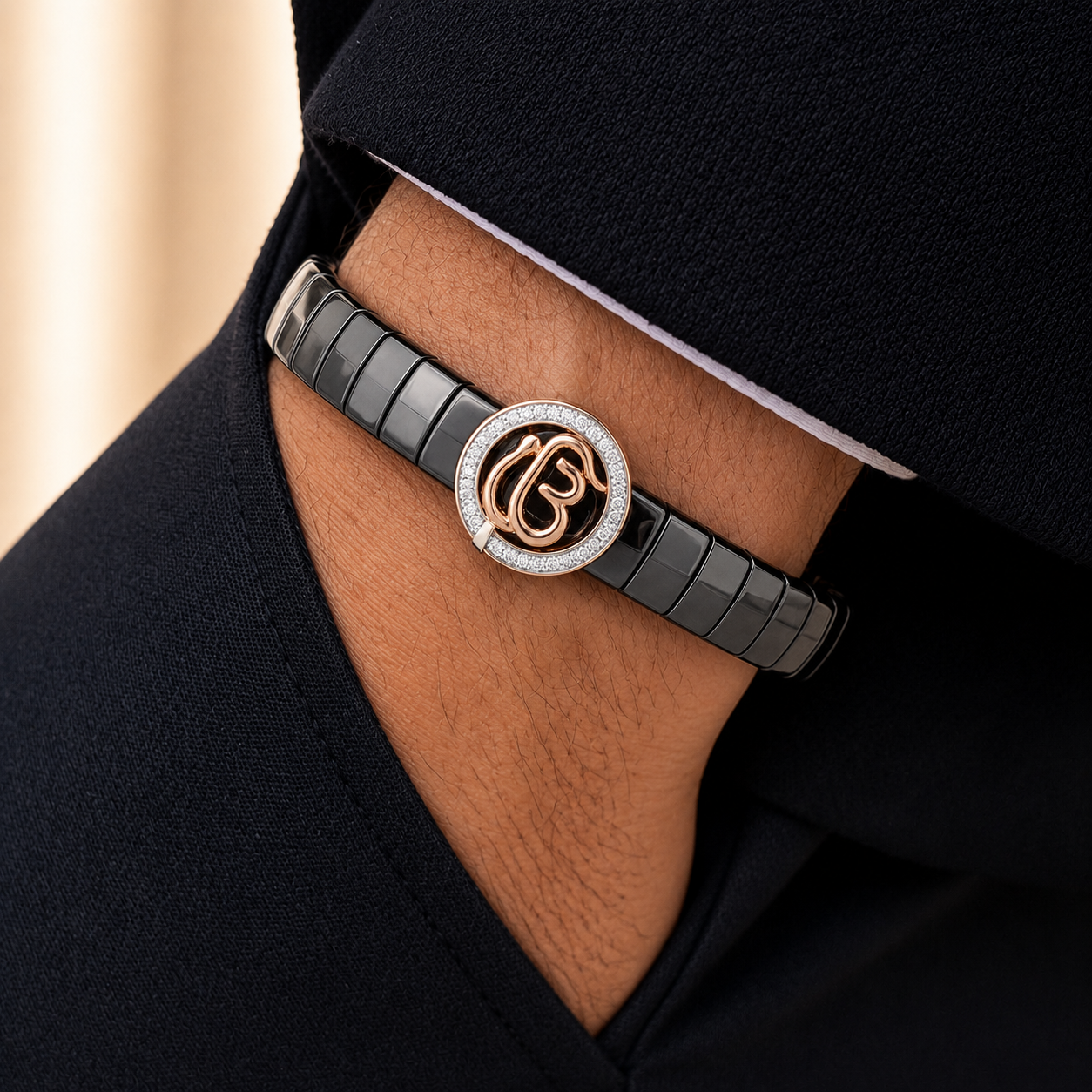 Elegant 'Ik Onkar' Ceramic & Rose Gold Statement Bracelet